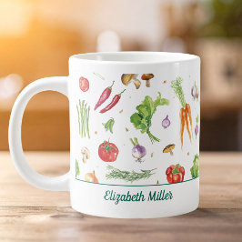 Caneca De Café Grande Legumes Coloridos Aquarela Nome Personalizado