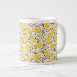Caneca De Café Grande Lêmons amarelos-brancos modernos, cor-de-rosa