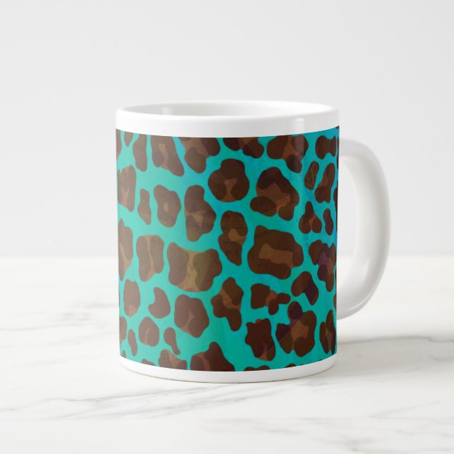 Caneca De Café Grande Leopard Brown e Teal Impressão (Frente Esquerda)