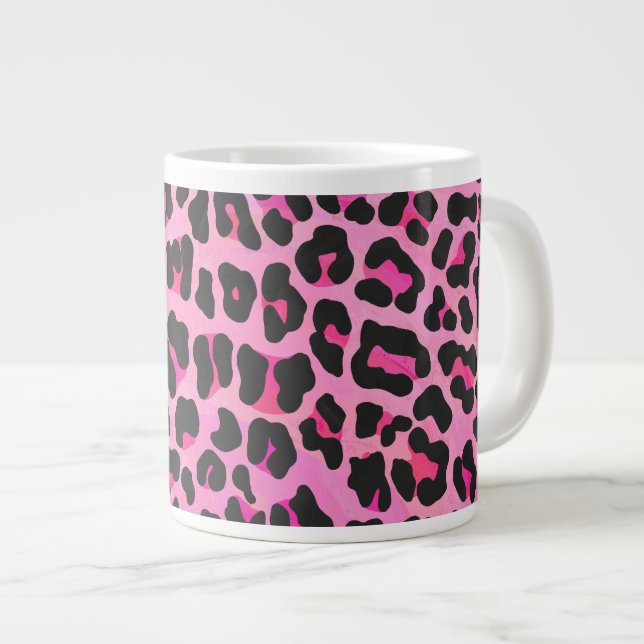 Caneca De Café Grande Leopardo, Impressão preto e rosa quente (Frente Esquerda)