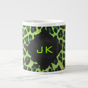 Caneca De Café Grande Leopardo Preto e Verde com Monograma