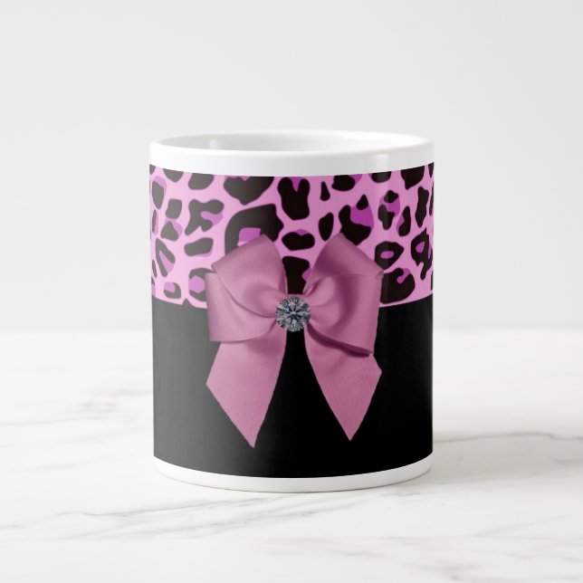 Caneca De Café Grande Leopardo Rosa com Arco e Diamante (Frente)