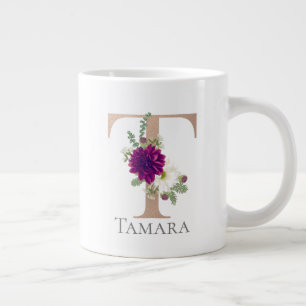 Caneca De Café Grande Letra de nome personalizado Floral Alfabet "T"