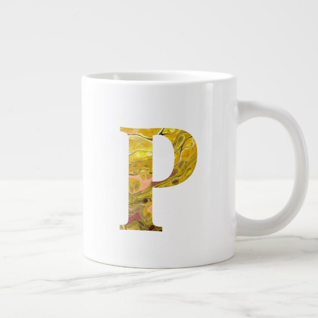 Caneca De Café Grande Letra P Yellow Dourado Boho Marble Monograma (Direita)