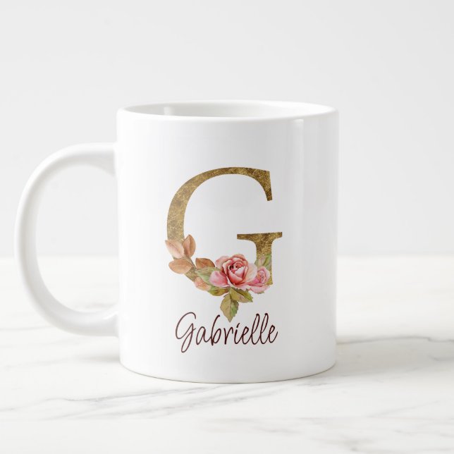 Caneca De Café Grande Letra Personalizada G Dourado Folha Rosa Bege Rosa (Esquerda)