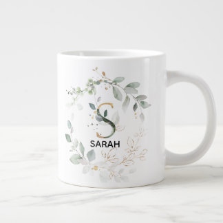 Caneca De Café Grande Letra S Alphabet inicial Greenery e Dourada