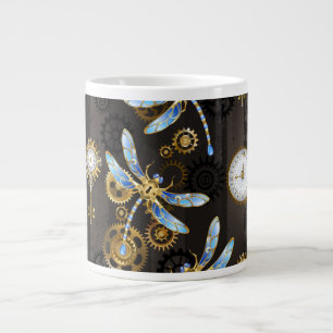 Caneca De Café Grande Libélulas Steampunk em fundo listrado marrom