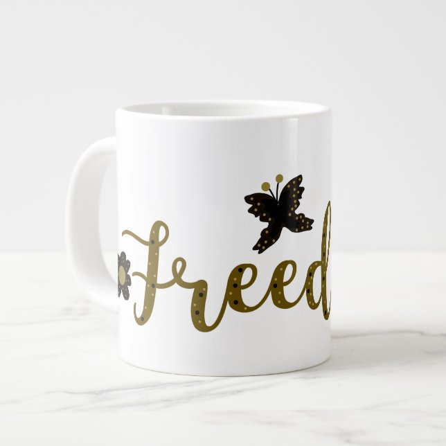 Caneca De Café Grande Liberdade Golden Boho Primavera Borboleta Caligraf (Frente Esquerda)