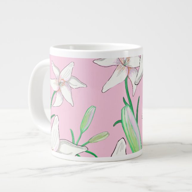 Caneca De Café Grande Lillies Brancos na Ilustração de Fundo Rosa (Frente Esquerda)