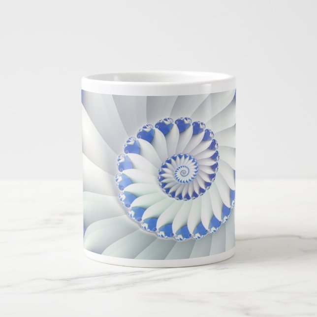 Caneca De Café Grande Linda Arte Fractal de Shell Azul e Branco (Frente)