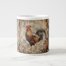 Caneca De Café Grande Lindo Galo Vintage, Padrão de Flores, Xadrez
