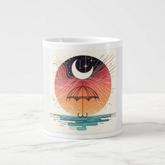 Caneca De Café Grande Linha de Boho Surreal da Lua e do Guarda-chuvas