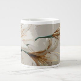 Caneca De Café Grande Lírio Branco Ouro Minimalista Elegante Neutro