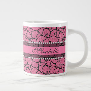 Caneca De Café Grande Lírios cor-de-rosa com contorno preto, brilho ros