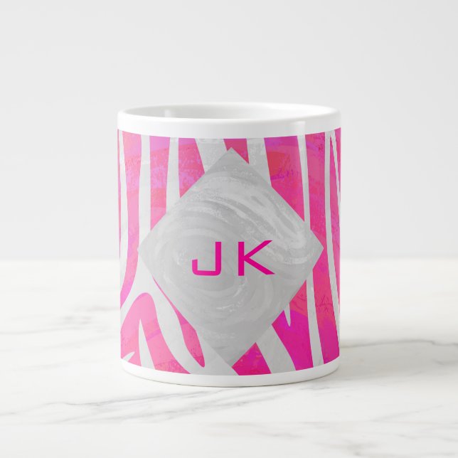 Caneca De Café Grande Listra Rosa Neon e Branco com Monograma (Frente)