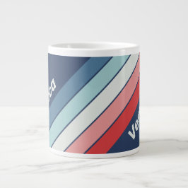 Caneca De Café Grande Listras Azuis Náuticas Vintage com Nome