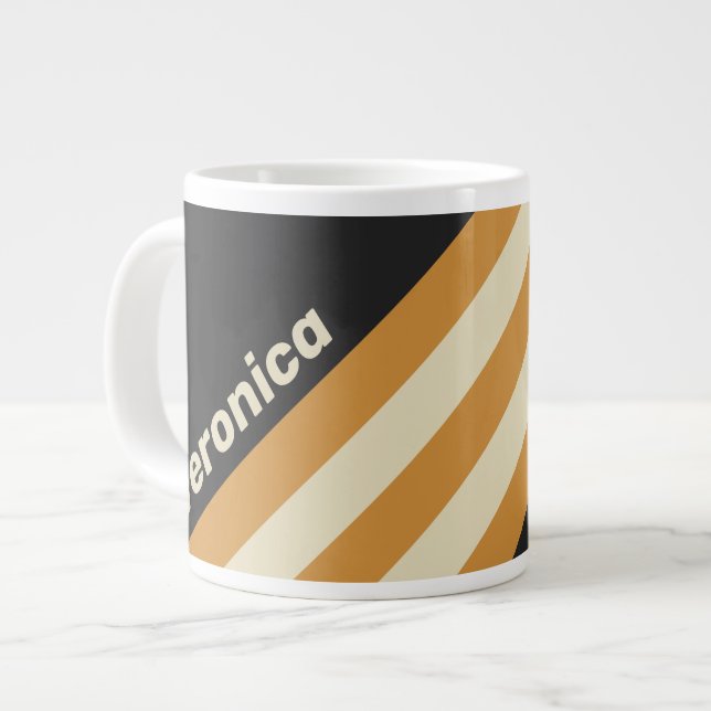 Caneca De Café Grande Listras Horizontais Douradas Retro com Nome (Frente Esquerda)