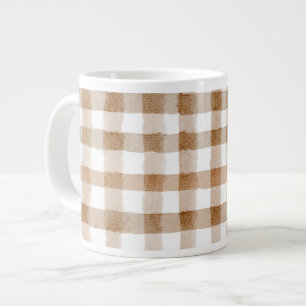 Caneca De Café Grande Listras Marrons Creme Xadrez Bege
