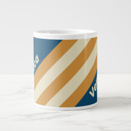 Caneca De Café Grande Listras Onduladas Azuis Retro com Nome