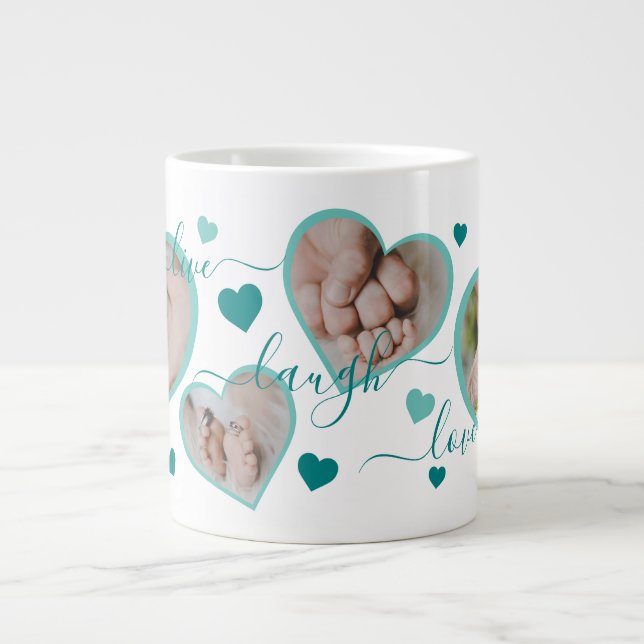 Caneca De Café Grande Live Laugh Love Photo Heart Teal (Frente)