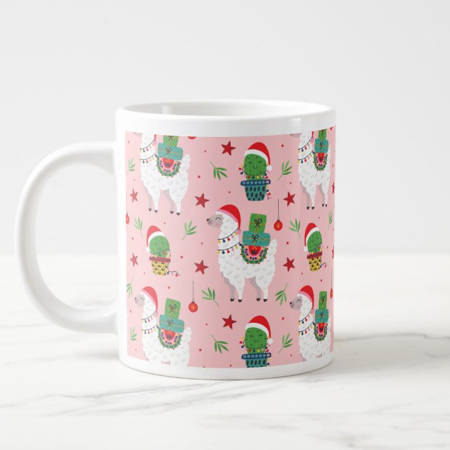 Caneca De Café Grande Llamas e Cactos - Padrão de Natal (Esquerda)