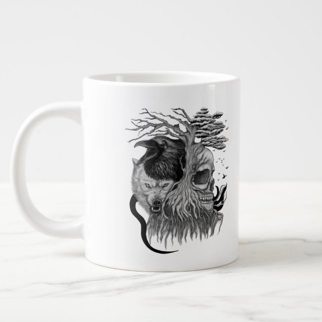 Caneca De Café Grande Lobo e Raven com crânio (Esquerda)