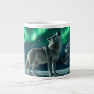Caneca De Café Grande Lobo Uivando Sob a Aurora Boreal