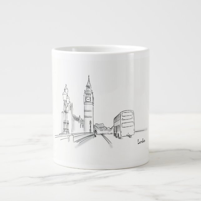 Caneca De Café Grande Londres Desenho preto e branco simples (Frente)