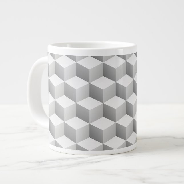 Caneca De Café Grande Lt Cinza Branco Sombreado Cubos 3D (Frente Esquerda)
