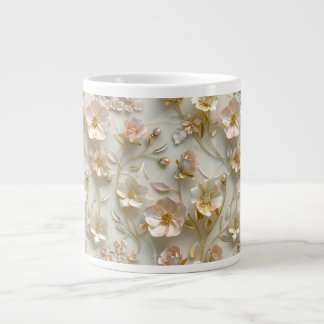Caneca De Café Grande Luxo 3D Relevo Floral Folha Dourada Elegante