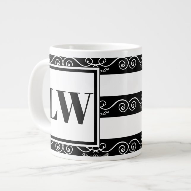 Caneca De Café Grande Luxo branco preto listrado (Frente Esquerda)