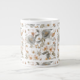 Caneca De Café Grande Luxury, Elegant, Gold Grey Flowers Pattern 