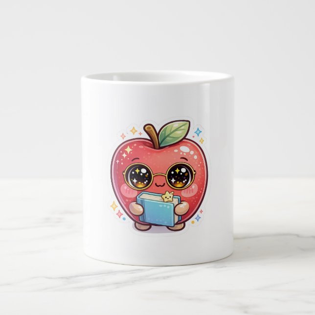 Caneca De Café Grande Maçã Inteligente Kawaii Fofa com Óculos Segurando  (Frente)