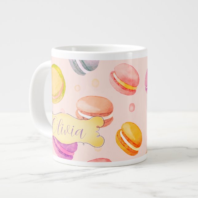 Caneca De Café Grande Macarões Personalizados Cama Aquarela (Frente Esquerda)