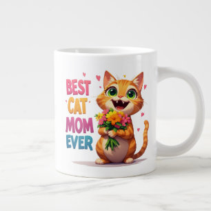 Caneca De Café Grande Mãe de Gato Fofa Segurando Flores e Corações 🐱