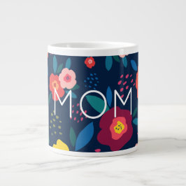 Caneca De Café Grande Mãe Moderno Azul Floral e Café Coral