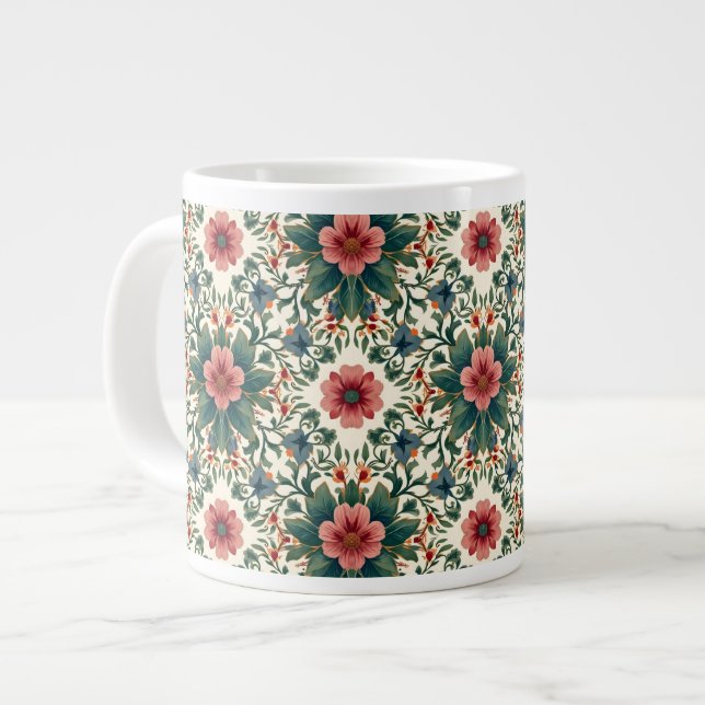 Caneca De Café Grande Magia Floral Boho - em Tons de Verde e Rosa (Frente Esquerda)