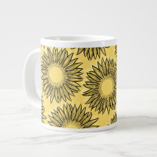 Caneca De Café Grande Mão De Girassol Russo Floral Desenhada