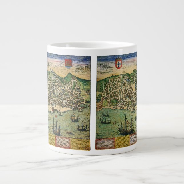 Caneca De Café Grande Mapa antigo de Lisboa, Portugal por Braun/Hogenber (Frente)