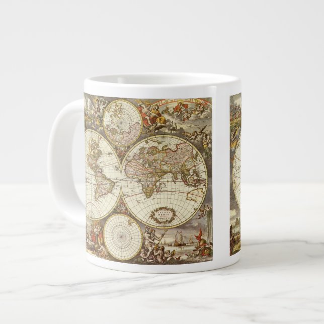 Caneca De Café Grande Mapa Antigo do Mundo Antigo por Frederick de Wit,  (Frente Esquerda)