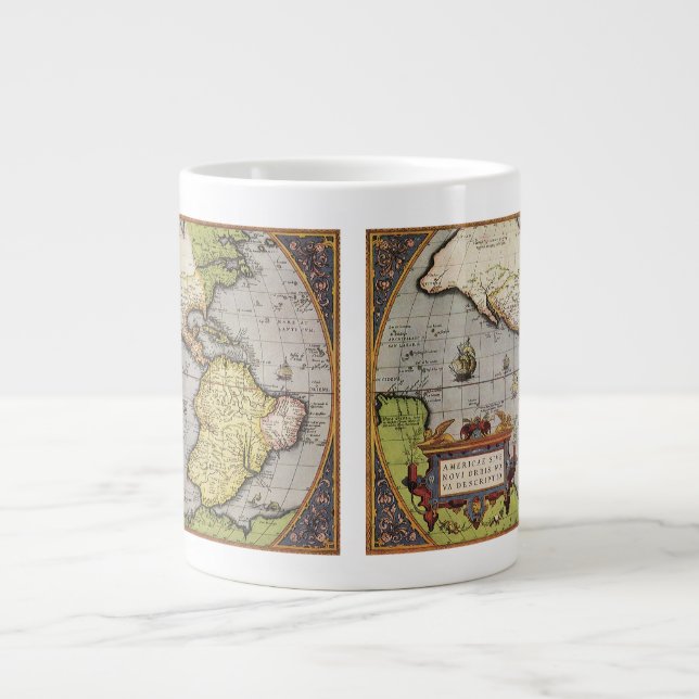 Caneca De Café Grande Mapa Mundial Antiquado das Américas por Abraham Or (Frente)