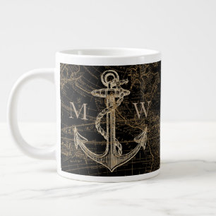 Caneca De Café Grande Mapa Mundial de Âncora Náutica Monograma Preto