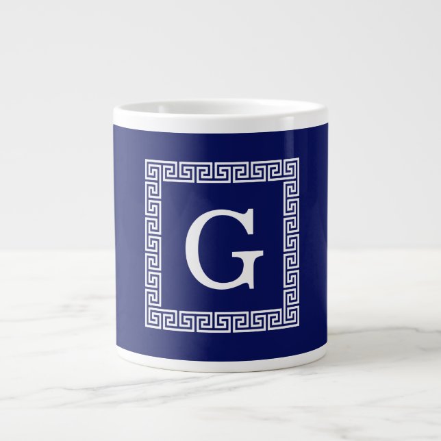 Caneca De Café Grande Marinho Azul Branco Chave Grega #1 Monograma Fraci (Frente)