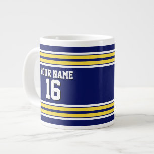 Caneca De Café Grande Marinho Azul com Equipe de Stripes Brancas Amarela