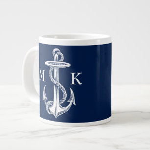 Caneca De Café Grande Marinho de Âncora Branco Vintage Fundo Azul