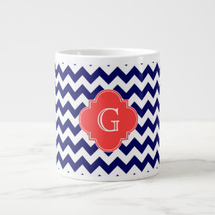 Caneca De Café Grande Marinho Whevron Zigzag Coral Quatrefoil Monograma