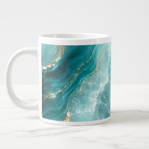 Caneca De Café Grande Mármore Ágata Aqua Luxo com Veias Douradas