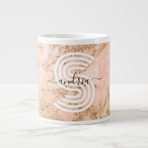 Caneca De Café Grande Mármore Brilho Dourado Rosa, Nome em Rascunho Mono