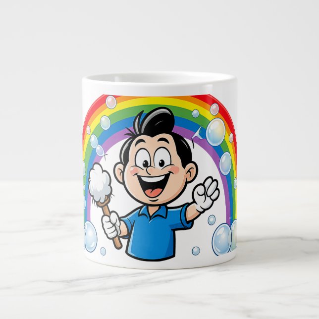 Caneca De Café Grande Mascote de Limpeza Fofo Arco-íris Design de Arte d (Frente)
