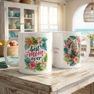 Caneca De Café Grande Melhor Mãe do Mundo Foto Tropical Floral Dia das M